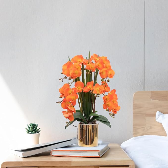 CXGS Artificial Orchid Flower Plants Real Touch Faux Orchids in Ceramic Vase 20.9'' Orange Phalaenopsis Orchid Fake Flower Arrangement Home Indoor Decor