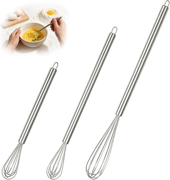 Whisks for Cooking, 3 Pack Mini Whisk for Whisking, 7"+9"+11" Tiny Stainless Steel Wire Whisk Set for Baking, Blending Eggs & Sauces, Heavy Duty Rust Proof