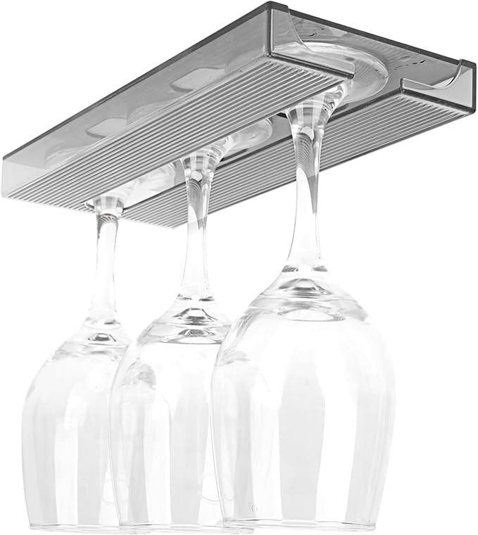 Wine Glass Holder Under Cabinet,Plastic Stemware Rack Under Shelf Punch-free,Glasses Storage Hanger (Grey)