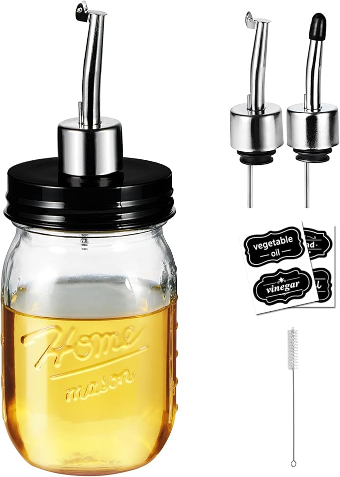 SheeChung Oil Dispenser Bottle for Kitchen, Glass Cooking Oil Bottle, 16oz Mason Jar Vinegar Dispenser Set with Brush, Stainless Steel Pour Spout, Rustic Farmhouse Kitchen Decor 1 Pack