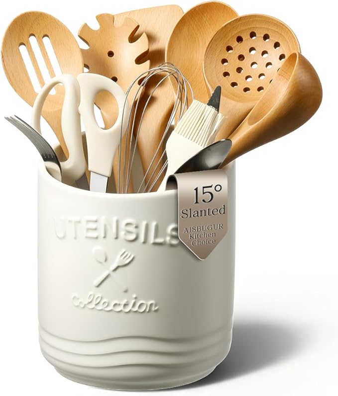 AISBUGUR Large Ceramic Utensil Holder: 7.5" H×6.3" W with Slanted Mouth - Utensil Crock with Non-Slip Cork Base for Kitchen Counter, Ideal for Decor & Gift,white utensil holder