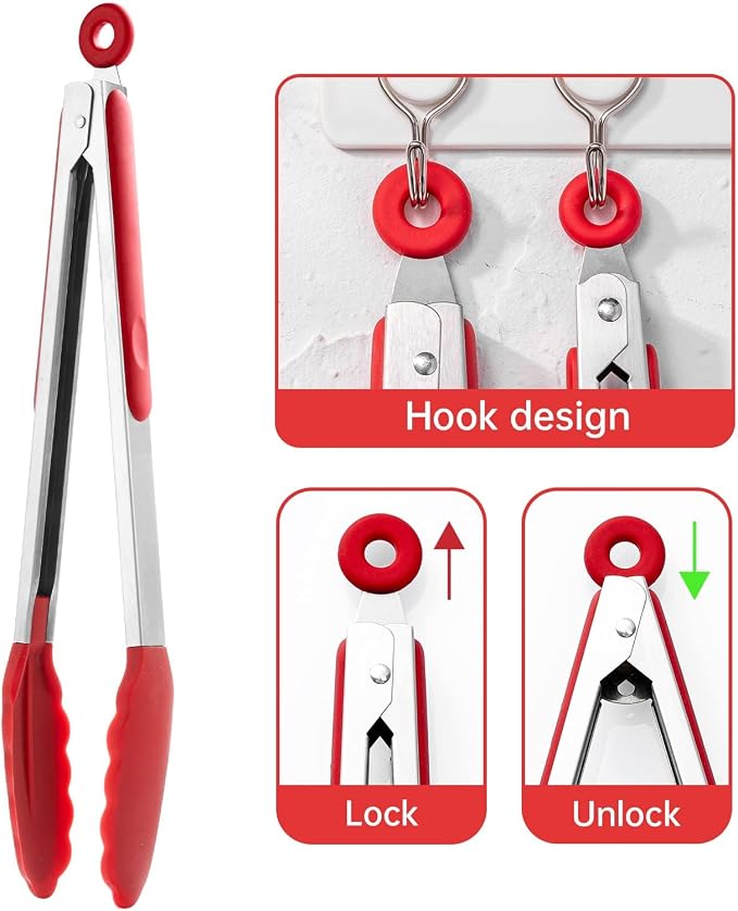 12 Inch Kitchen Tongs, Cooking Tongs with Silicone Tips and Stainless Steel Handle, Non Stick Heat Resistant Tongs for Cooking, Buffet, Salad Serving (12", Red)
