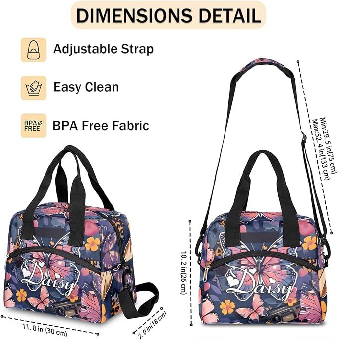 Personalized Butterfly Lunch-Bag for Women, Custom Insulated Cooler Lunch Box with Name, Leakproof-Reusable Lunch Tote Bag for Work Office Picnic - Multi 2