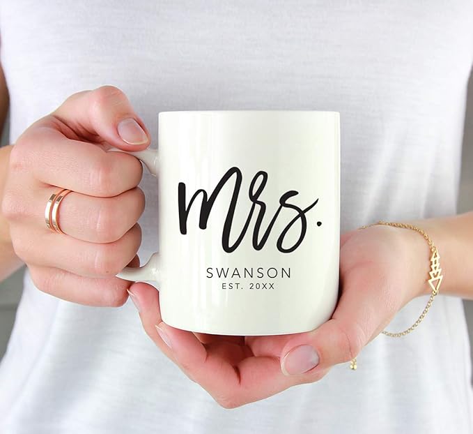 Andaz Press Personalized Name 11oz. Ceramic Ceramic Valentines Day Coffee Mugs Wedding Anniversary Couples Gift Set, Mr. Mrs. Johnson Est. 2026, Script Style, 2-Pack, Custom Names, Long Distance Gift