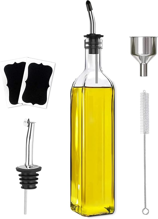 Leaflai Olive Oil Dispenser Bottle, 1 Pcs Glass Olive Oil Dispenser and Vinegar Dispenser Set with 2 Stainless Steel Pourers, 2 Labels,1 Brush and 1 Funnel Oil Bottles for Kitchen (500ml)