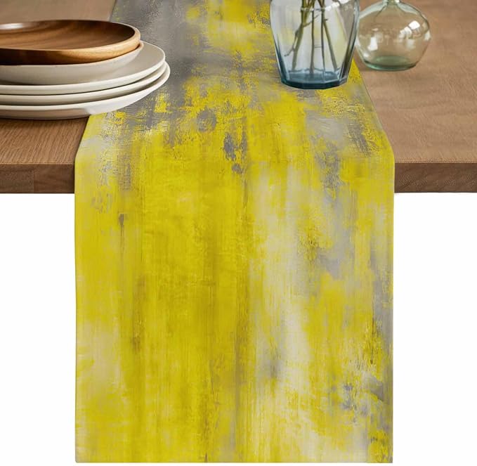 Vintage Yellow Short Table Runners 48 Inches, Cotton Linen Fabric Table Runner Dresser Scarf, Abstract Minimalist Painting Art Watercolor Tablerunner for Party/Kitchen/Dinner/Wedding Decor 13"x48"