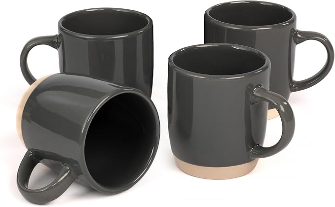 OTAGO Coffee Mugs for 4, 12 oz Mug Set, Partially Unglazed Base,Dringking Cup with Handle for Coffee, Tea, Cocoa, Milk, Gray