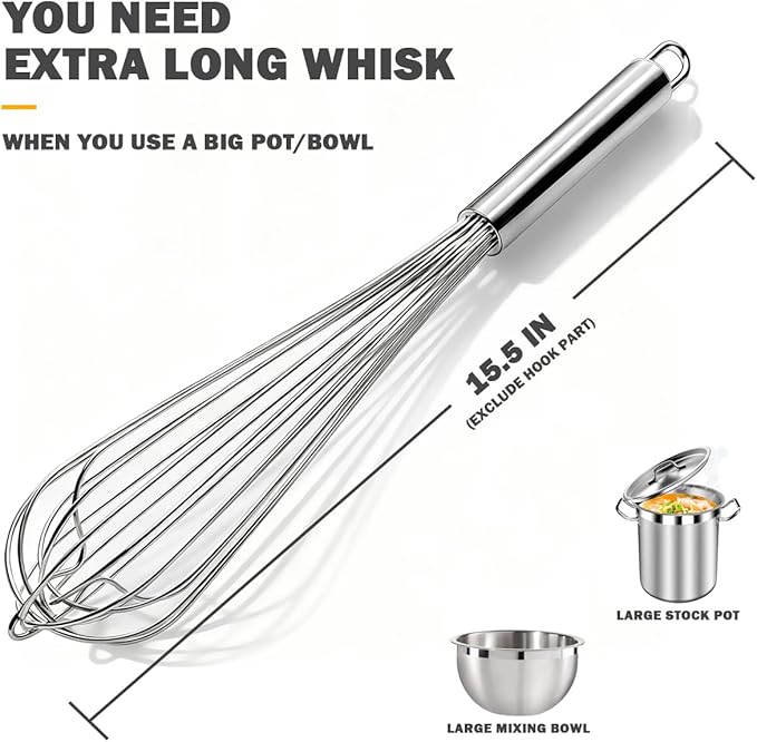 18/10 Stainless Steel Large Whisk, 15.5 inch Heavy Duty Long Whisk Suitable for Deep Pots or Big Bowl, Mixing, Beating, Blending