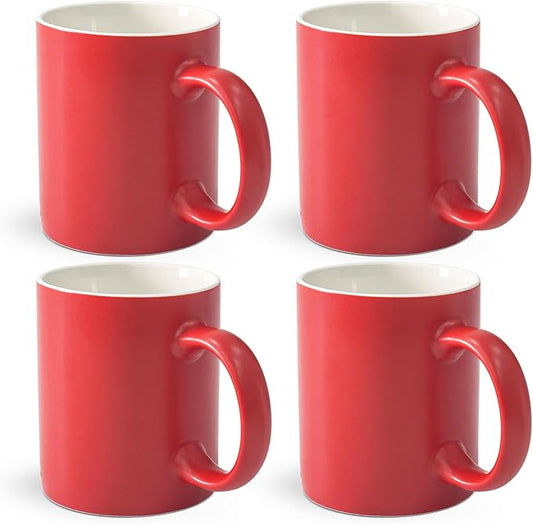 12 oz Cup Plain Gloss Red Ceramic Coffee Mug Set of 4 for Milk, Tea, Glazed Porcelain Cups with handle for Home Office, Dishwasher & Microwave Safe