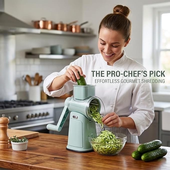Rotary Cheese Grater Hand Crank, 10-Blade Shredder with Handle, Vegetable Slicer Mandoline Food Chopper, Strong Suction Base Kitchen Gadget for Cheese Vegetables Nuts – Green