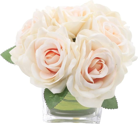 Fule Artificial Velvet Rose Flower Centerpiece Arrangement in vase for Home Wedding Decoration (Champagne)