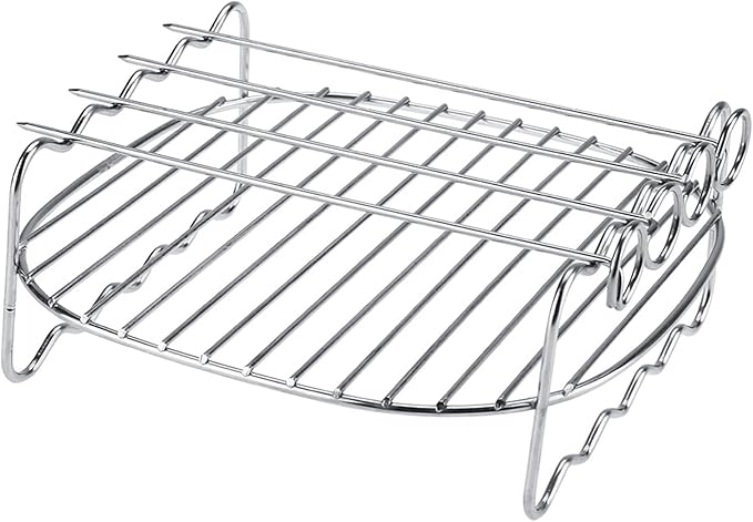 Air Fryer Baking Tray, Non-Stick Stainless Steel BBQ Rack, Double Layer Skewers Baking Tray, Round Air Fryer Rack, Cooling and Steaming Rack Basket for Baking, Grilling & Roasting