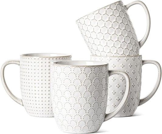 LE TAUCI Coffee Mugs 16 oz,Ceramic Mug Set, Embossment Cups for Latte, Hot Tea, Cappuccino, Mocha, Cocoa, Dishwasher Safe, Suit For Housewarming Wedding- 3.8 inch, Set of 4, Arctic White