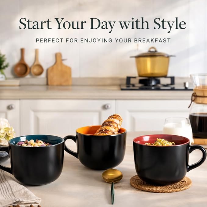 GBhome Jumbo Soup Mugs with Handles, 24 Oz Large Coffee Mugs Set of 4, Ceramic Soup bowls for Soup Cereal Snacks Salad Noodles Cups, Microwave safe - Matte Black, Colorful Inside