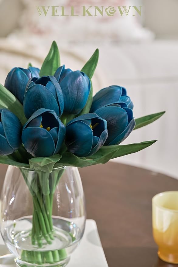WELL KNOWN 12 Pcs Fake Tulips Artificial Flowers in Vase with Faux Water, Foam Tulip Flower Arrangement with Vase for Home Office Decor, Dining Table Wedding Centerpiece & Mom's Gift (Peacock Blue)