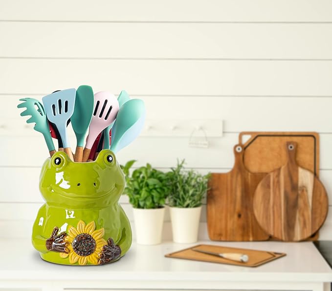 dgudgu Frog Shaped Cermaic Utensil Holder For Kitchen Counter Ceramc Utensil Crock Countertip Large Size Green Frog Embracing Sunflower Decorative Design Kitchen Canister Decor