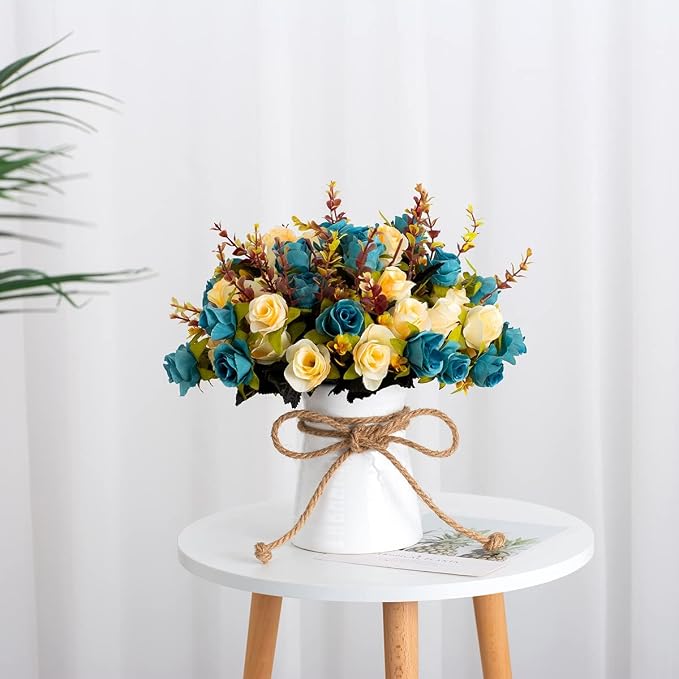INXUGAO Artificial Flower in Vase,Ceramics Vase with Silk Flower Arrangements Table Centerpieces Wedding Bouquets for Office Meeting Room Home Décor Decoration(Blue)