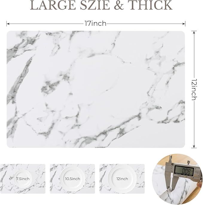 Romanstile Vinyl Placemats Set of 4-12 X 17 Inch - Faux Leather 100% Waterproof Wipeable Anti Slip Place Mats, Heat Resistant Reversible PU Table Mats for Kitchen Dining Party Outdoor, Marble
