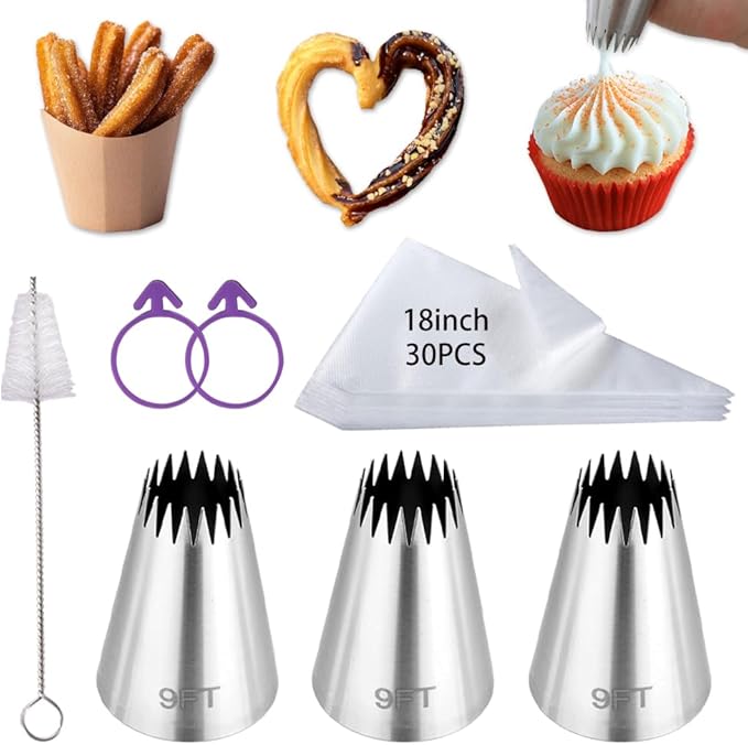 3Pcs Large Churro Piping Tips and Bags Set,9FT Pastry Tips with 30PACK 18Inch Large Piping Bags Disposable for churros maker,French Star Piping Tips for Eclairs,Butter Cookies,Cupcake Decorating tips