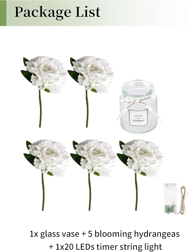 BLOSMON Fake Flowers in Vase for Table: White Artificial Hydrangea with Glass Vase LED Light for Centerpieces Decor - Small Faux Arrangements Desk Vanity Bathroom Office Decoration
