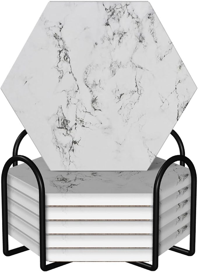 White Marble Drinks Coasters Absorbent Stone with Holder Set of 6, Abstract Luxury ModernWhite Grey/Gray Marble Hexagon Ceramic Coaster for Coffee Table Protection (Hexagonal)