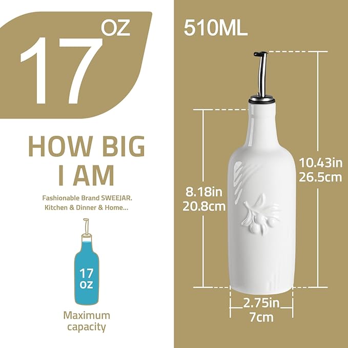 Sweejar Ceramic Olive Oil Dispenser Bottle, 17 FLOZ Oil Bottle with Spout，Porcelain Oil Dispenser for Kitchen,Cooking, Evoo, Vinegar, Soy Sauce, Pack of 1 (Beige)