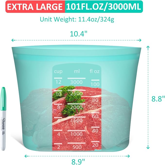 Reusable Food Storage Bags Extra Large, 0.8 Gallon/101 fl.oz/3000 ml, 4 Pack 100% Silicone Food Storage Bags Stand-Up Wide-Mouth Zip-Lock for Large Items, Freezer Microwave Oven Dishwasher Safe, Aqua