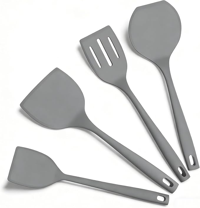 Silicone Spatula Turner Set, 600°F High Heat Resistant Spatulas for Cooking, BPA Free, Large Flexible Kitchen Utensils Flipping Eggs, Pancakes, Fish, Burgers, Dishwasher Safe (4 Pack, Gray)