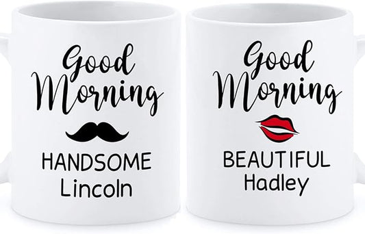 Custom Name Mug Set Of 2, Couple Coffee Mug Design For Valentines Day, Customized Couple Ceramic Mug, Good Morning His & Her Mug, Couple Cup, Lover Present, Wedding Gifts, White 11oz Or 15oz