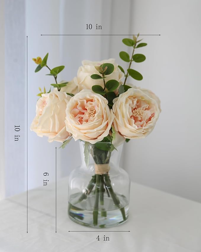 CHASMILE Lifelike Artificial Champagne Roses in Vase - Eternal Table Centerpiece for Dining Room & Kitchen Decor - Faux Flower Arrangement with Realistic Petals
