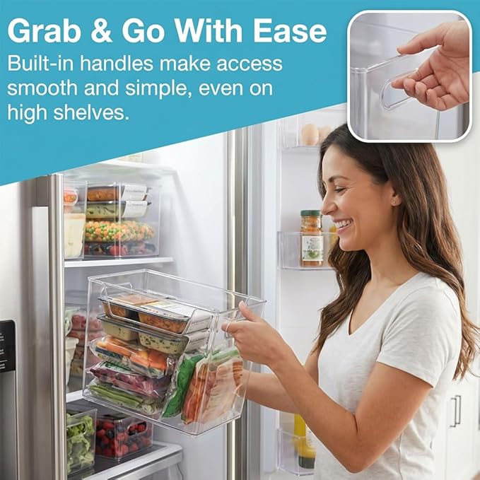 Crystal Clear Freezer Storage Bins - Stackable Plastic Organizer Bins with Handles for Fridge, Pantry Organizers and Storage, Acrylic Bins for Kitchen Cabinet (L*4Pcs)