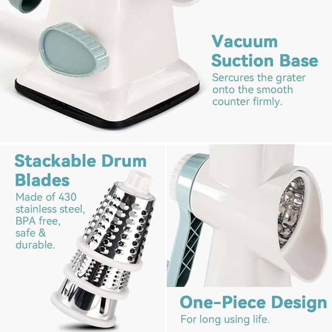 3 in 1 Manual Vegetable Cutter Machine with Stainless Steel Changeable Blades Rotary Cheese Grater Kitchen Tool Potato Slicer Shredder Nuts Chocolate Chopper (White blue)