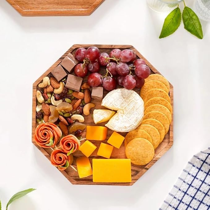 Wooden Serving Tray for Kitchen and Home Decor | Acacia Wood Octagonal Serving Platter for Tea, Coffee, Snacks and Cake | Decorative Trays Resturnant and Cafe (Food Safe Oil Finish) (10 Inch)