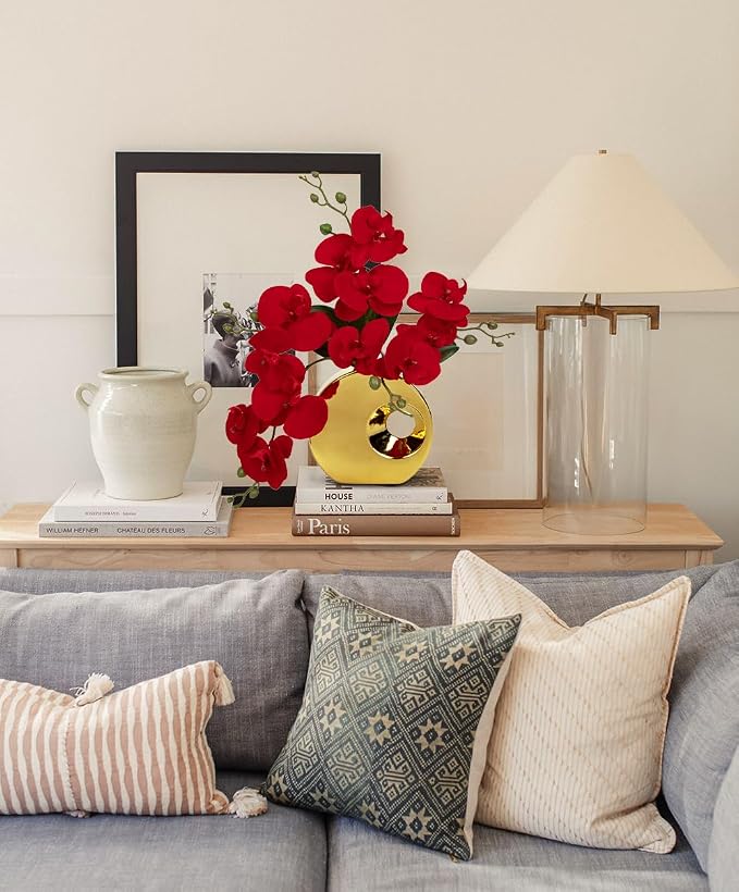 Briful Artificial Orchid Flowers in Gold Pot 15.7" Tall Red Velvet Faux Orchid Arrangement Silk Orchid Flower Fake Orchids Centerpiece for Home Office Room Wedding Table Décor