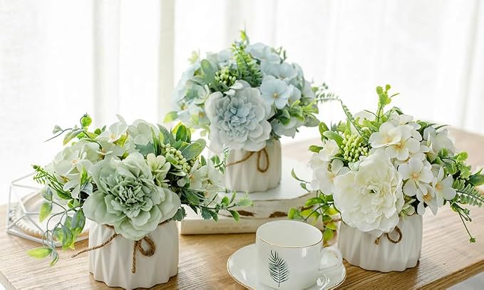 TKAS Fake Flowers Arrangement in Ceramic Vase, Artificial Faux Silk Roses & Hydrangea, Small Realistic Dried-Style Floral Dining Table Centerpiece for Wedding Party Home Decoration (Green)