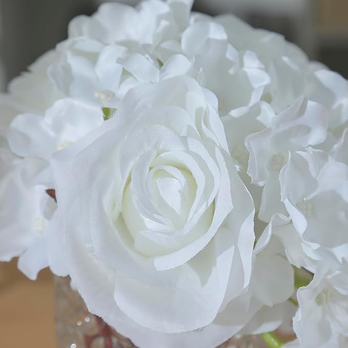 Rose Silk Flower Arrangement Artificial Vivid Rose in Glass Vase with LED Light Elegant Centerpiece for Home Wedding Bathroom Table Shelf Decoration (Pure White)