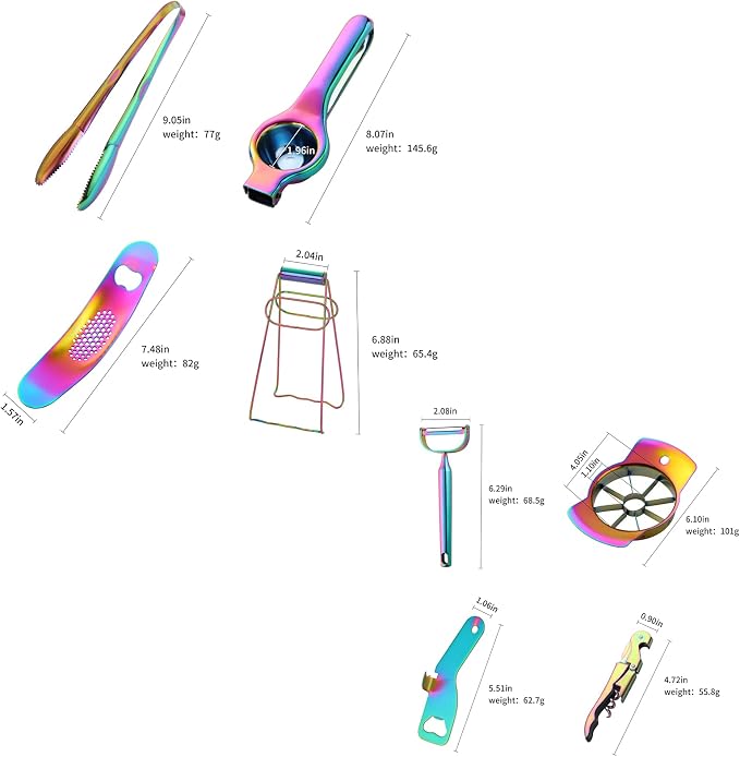 Rainbow Garlic Press Bottler Wine Opener Measuring Spoons Lemon Squeezer Vegetable Peeler Apple Cutter Kitchen Tongs Hot Plate Gripper Ice Tongs Kitchen Accessories Tools Set, Dish Washer Safe