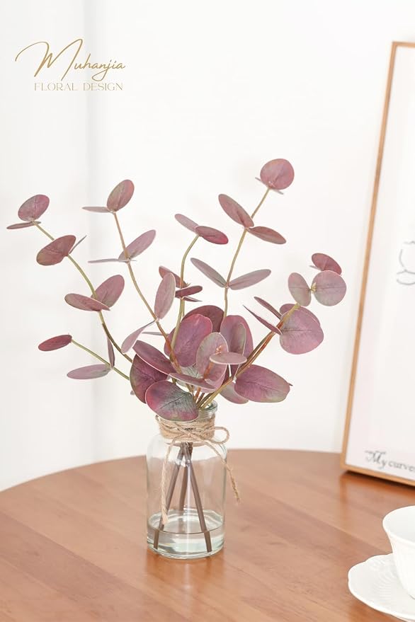 Muhanjia Artificial Eucalyptus Stems in Glass Vase with Faux Water,3Pcs Fake Plant with Double-Sided Purple Leaves for Centerpiece(Double-Sided Purple Eucalyptus)