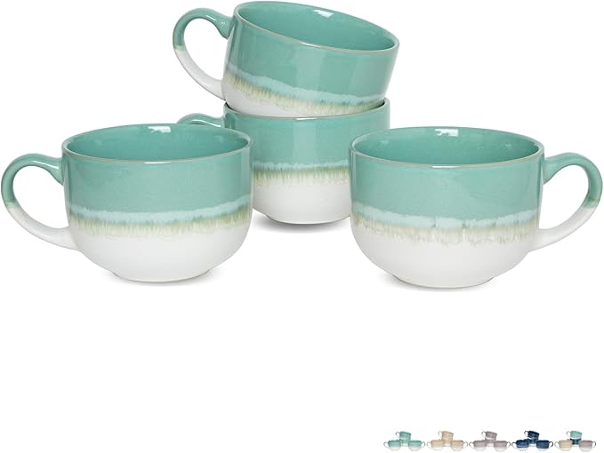 Bosmarlin Ceramic Coffee Mug Set of 4, 16 Oz, Jumbo Latte Mugs, Dishwasher and Microwave, Unique Reactive Glaze (Mint Green, 16 Oz)