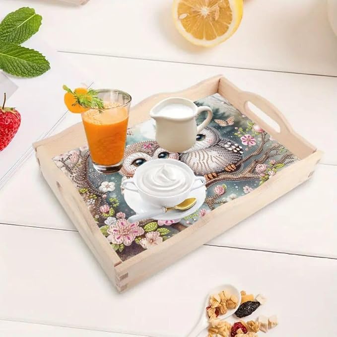 DIY Diamond Serving Tray Rectangular Breakfast Tray with Handle Handmade Diamond Art Painting Wooden Tray for Dinner Plate Coffee Room Living Home Organizer-Owl02