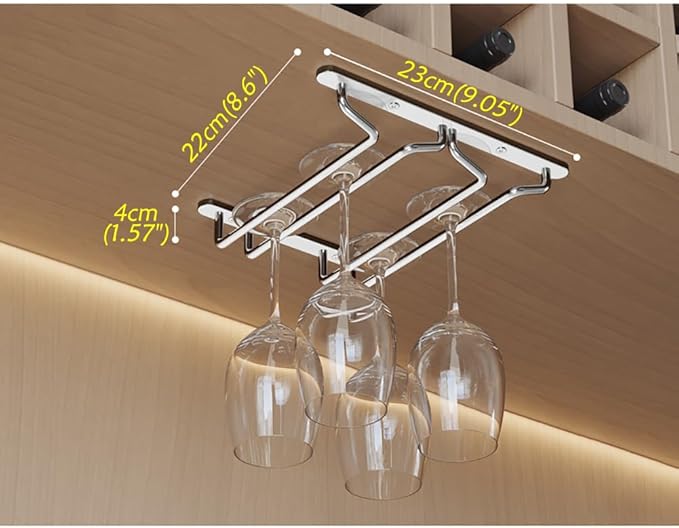 CAKERS Under Cabinet Hanging Stemware Display Rack|304 Stainless Steel Wine Glass Holder|Wine Glass Storage Organizer Hanger,2 Rows,22cm(8.6in)