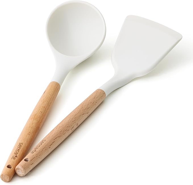 SENSARTE Kitchen Utensils 2-Piece, Silicone Cooking Utensils, Silicone Spatula and Ladle with Wooden Handle, White