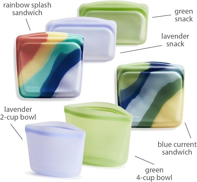 Stasher Silicone Reusable Food Storage Bags, 6-Pack, Reusable Freezer Bags, Microwave, Dishwasher, Oven Safe, Sous Vide, Lunch Containers, Eco Friendly, Food-safe Silicone Snack Bag, Multicolor