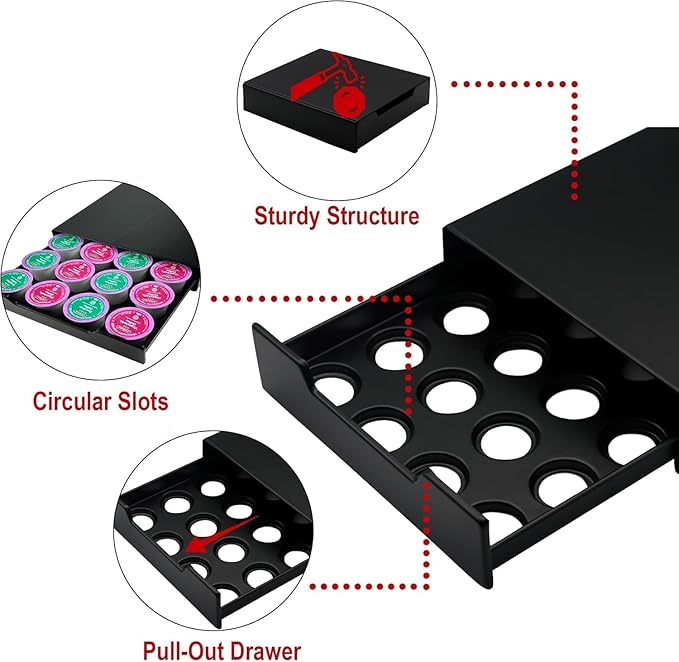 K Cup Coffee Pod Holder Drawer, 20 Capacity Organizer, Storage for Nespresso Originaline and Dolce Gusto, Black