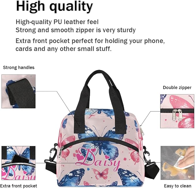 Personalized Butterfly Lunch-Bag for Women, Custom Insulated Cooler Lunch Box with Name, Leakproof-Reusable Lunch Tote Bag for Work Office Picnic - Pink Blue 2