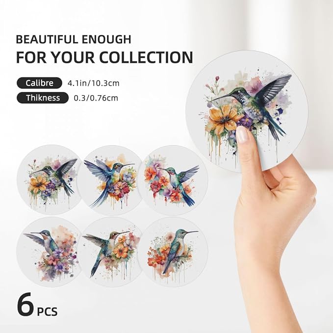 Drink Coasters for Drinks Set of 6, Watercolor Hummingbird Absorbent Round Ceramic Stone Mat, with Cork Base and Metal Holder, Home Bar Decor House Warming Gift