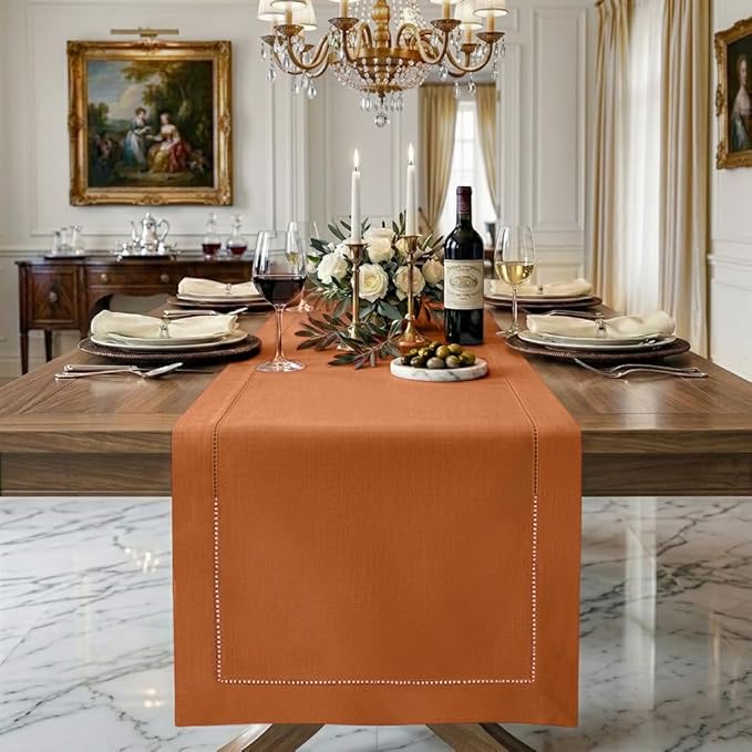 Signature Linen™ by D'Moksha Rust Table Runner 90 Inches Long, 100% Pure Linen, Hemstitch, 14 x 90 Inch Table Runner for Dresser, Dining- Summer, Father's Day