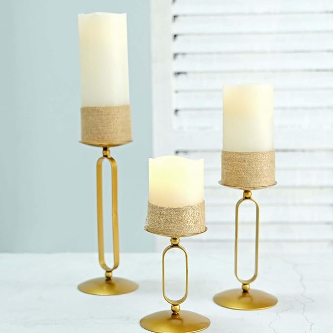 Efavormart Set of 3 | Gold Metal Geometric Oval Design Pillar Candle Holder Stands, Candle Centerpieces - Assorted Sizes