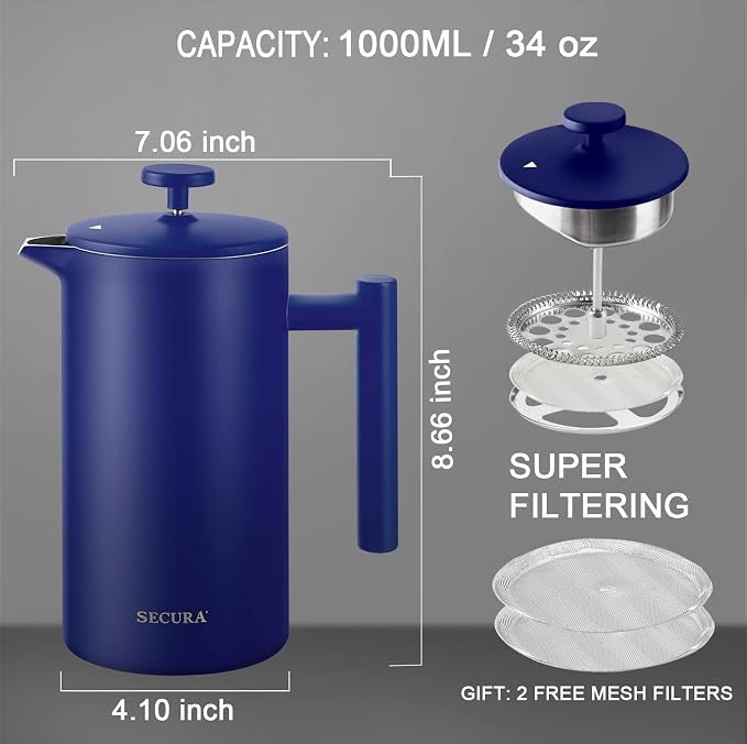 Secura French Press Coffee Maker, 304 Grade Stainless Steel Insulated Coffee Press with 2 Extra Screens, 34oz (1 Litre), Blue (Pack of 2)