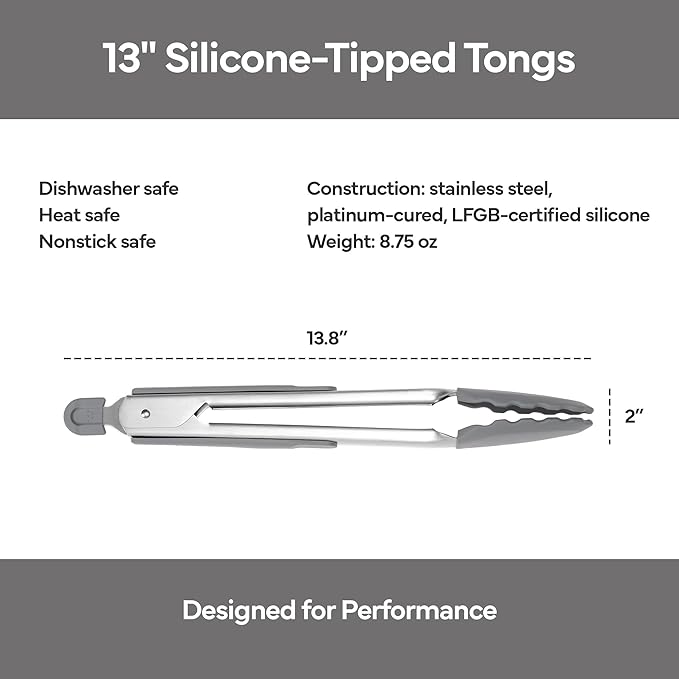 Misen Kitchen Tongs - Dishwasher Safe, Heavy Duty - Precision Silicone-Tipped Grilling Tool - Heat Resistant, Nonstick Safe - Perfect for Serving and Air Frying- 13 Inch | Gray